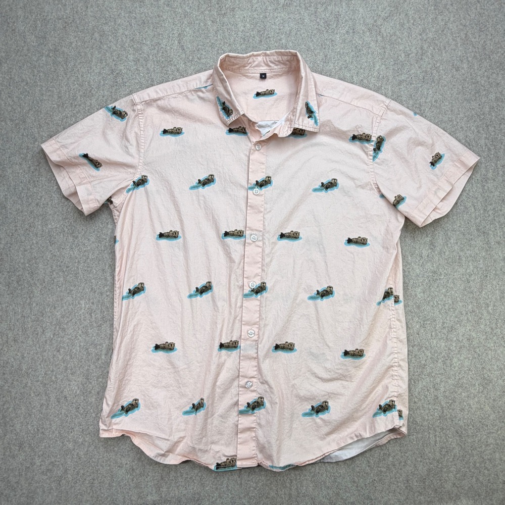 Otter Print Button Up Shirt Mens Size M Pink Quirky Coastal Novelty Animal Print
